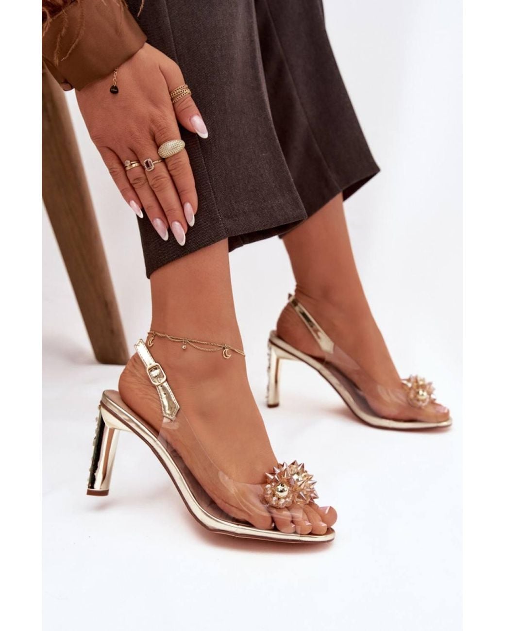 Love Lace Brown Evening Comfortable Heeled Sandals With Embellishment