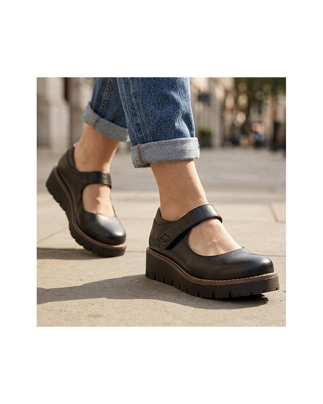 Pavers Black Wedge Heel Touch Fasten Mary Janes