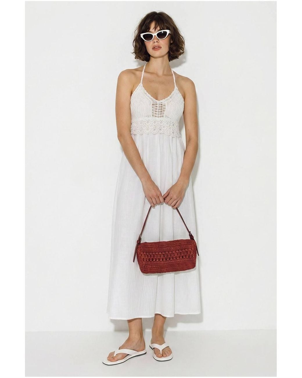 Bianco Lucci White Halter Lace A-Line Midi Dress