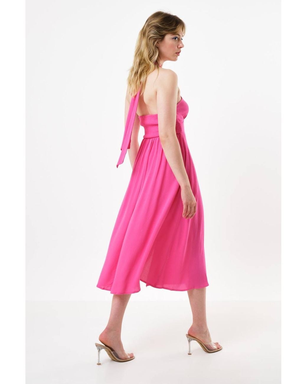 Louche Pink Geri Moss Crepe Halter Neck Midi Dress