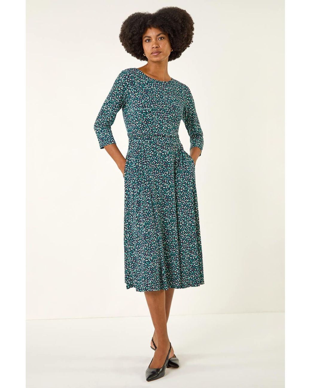 Roman Green Abstract Print Gathered Stretch Midi Dress