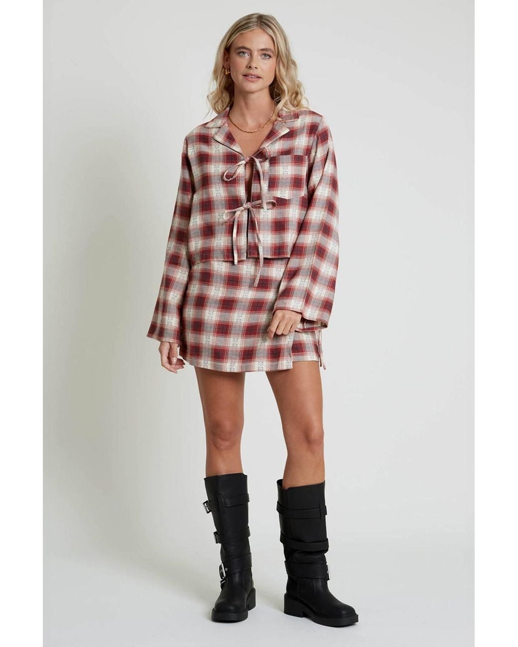 Native Youth Red Cotton Checked Tie-Front Long Sleeve Shirt