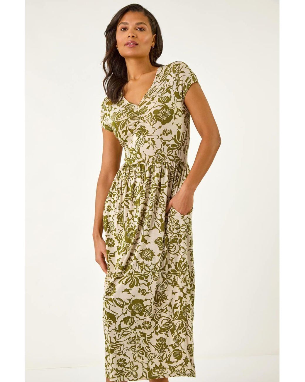 Roman Metallic Floral Print Ruched Stretch Midi Dress