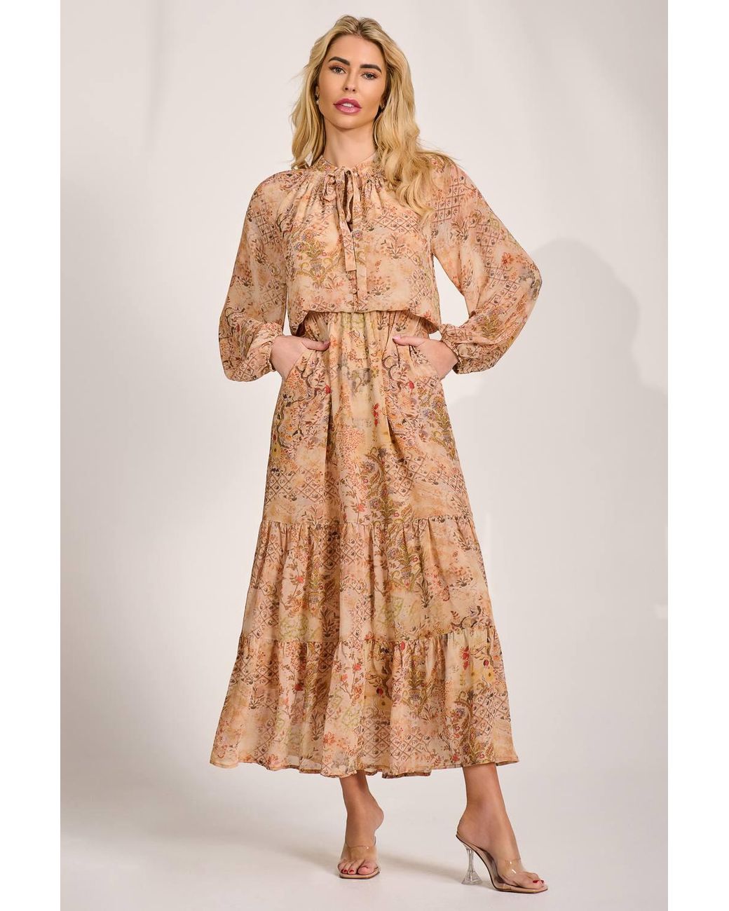 Jolie Moi Orange Chiffon Long Sleeve Tiered Maxi Dress