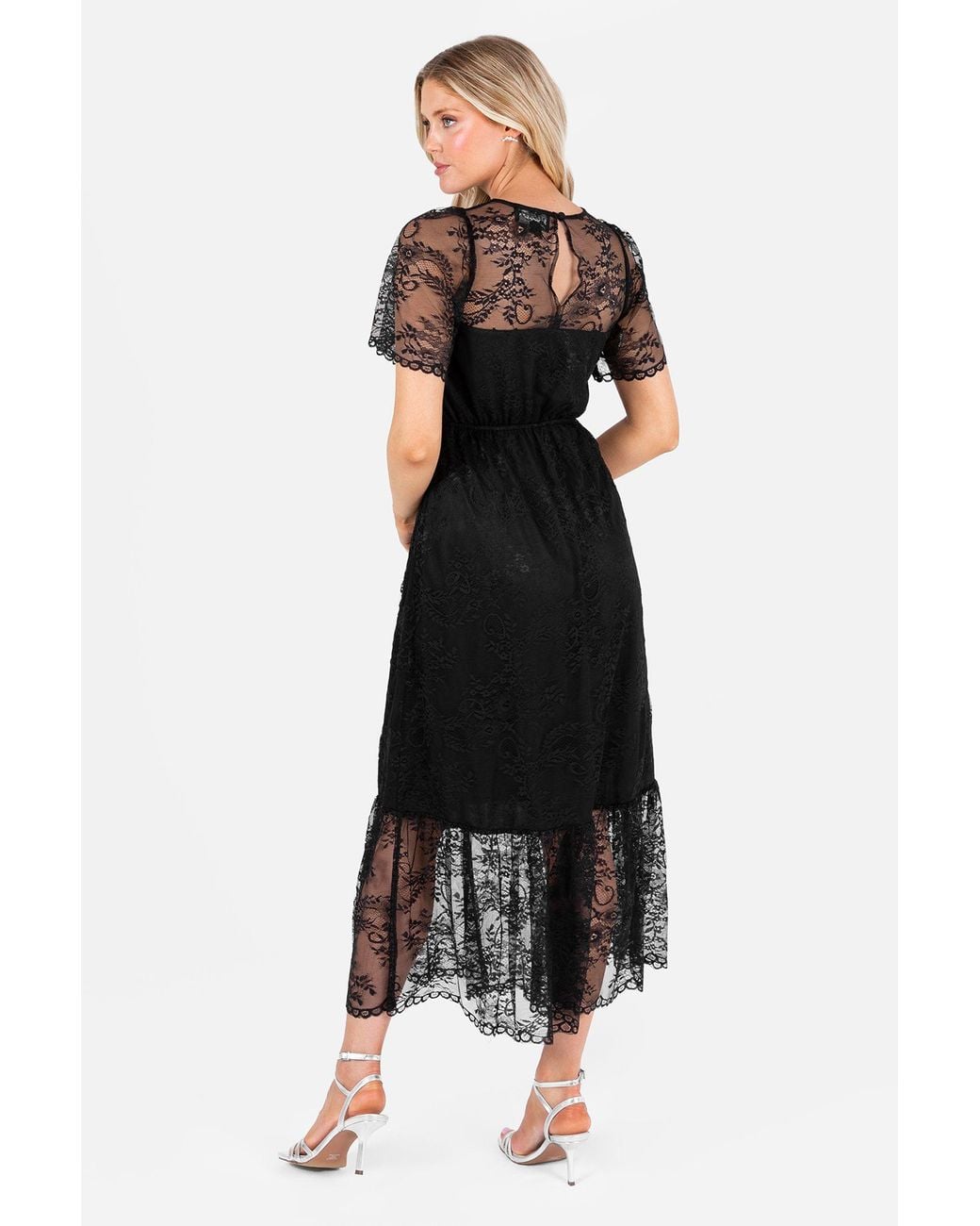 Lovedrobe Black Short Sleeve Lace Midi Dress