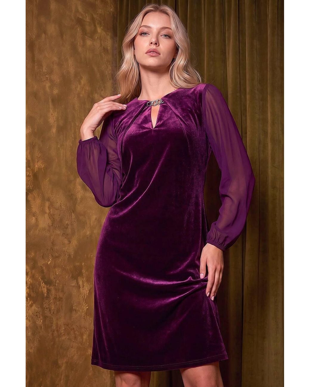 Roman Purple Petite Contrast Sleeve Velvet Dress