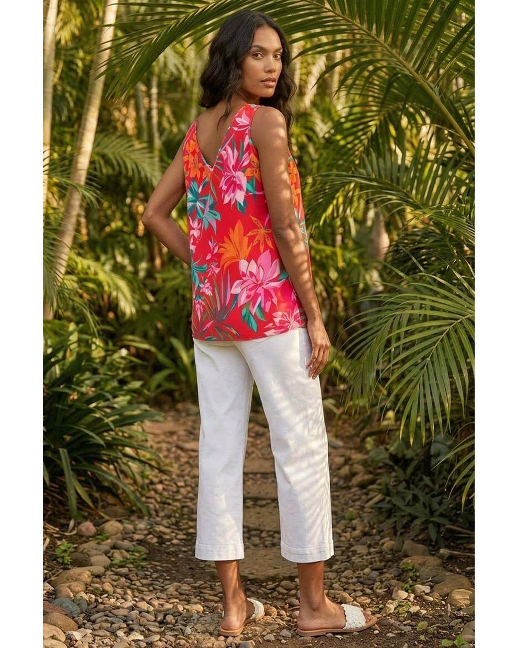 Roman Green Tropical Print V-Neck Button Cami Top