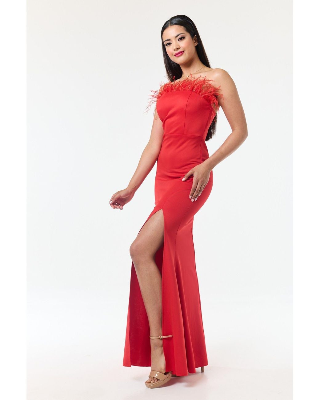 LuvForever Fashion Red Bandeau Side Slit Maxi Dress