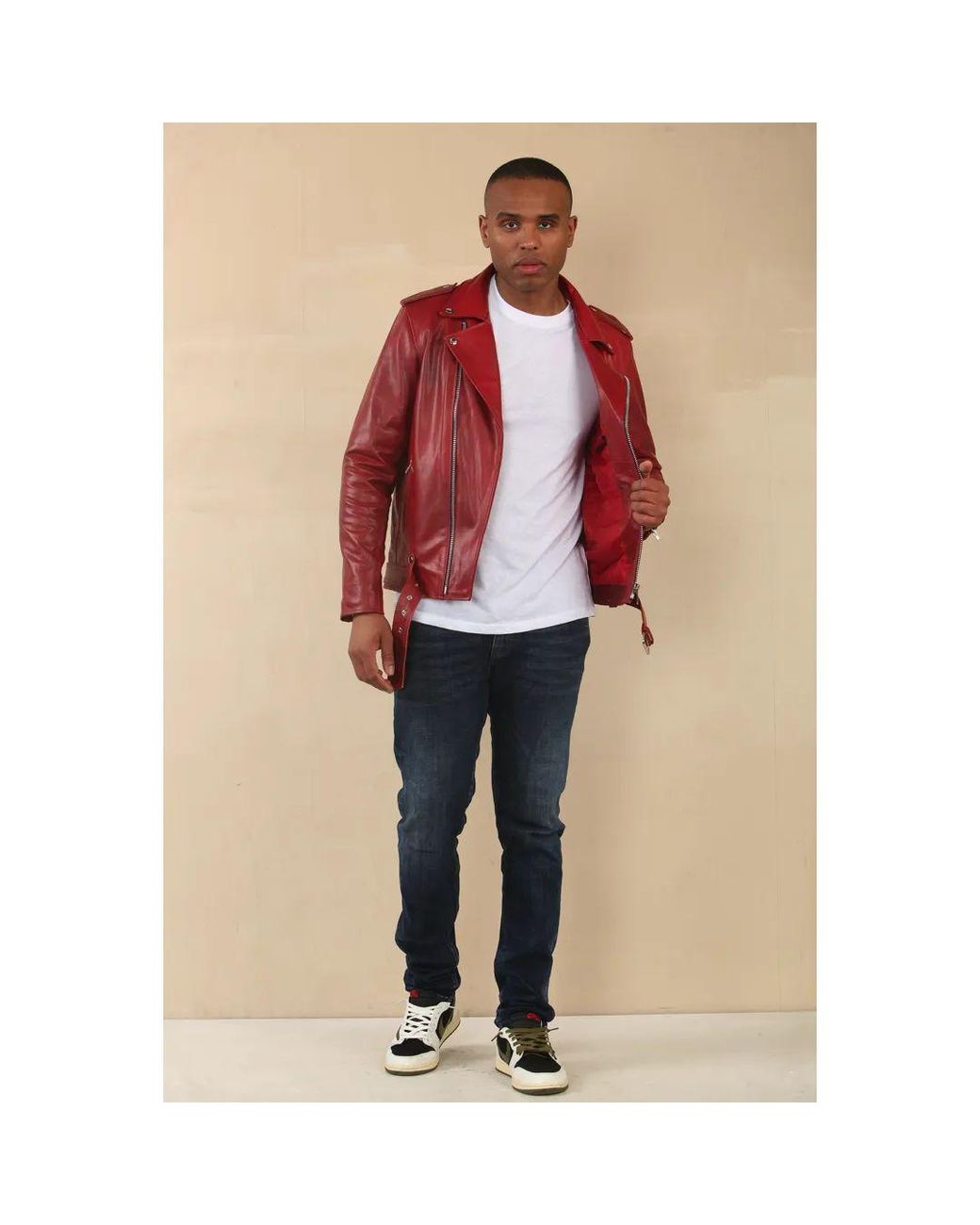 TruClothing Red Cow Hide Biker Brando Cross Zip Leather Jacket for men