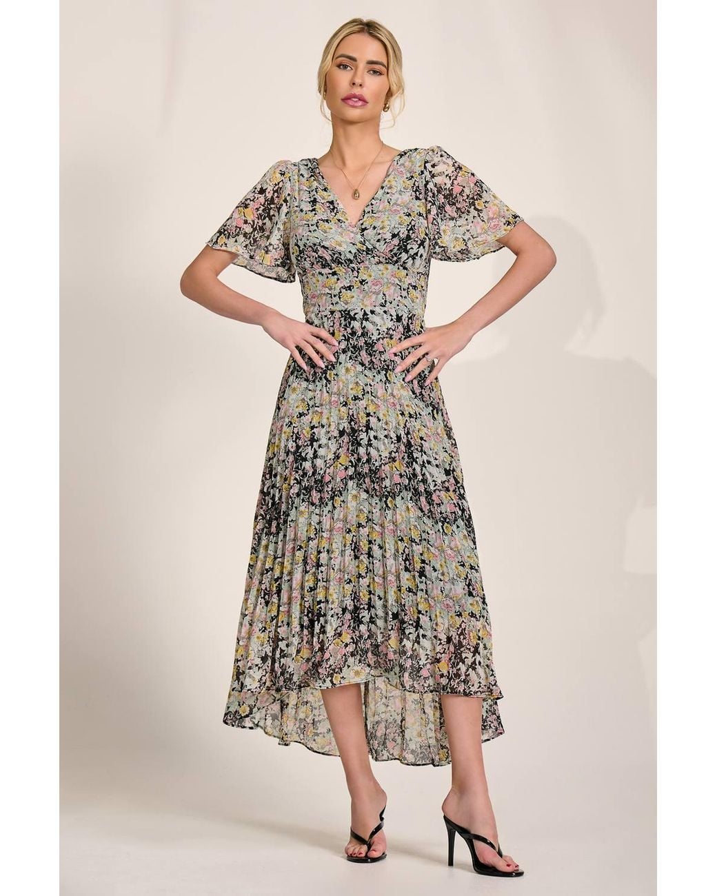 Jolie Moi Natural Floral Chiffon V Neck Midaxi Dress