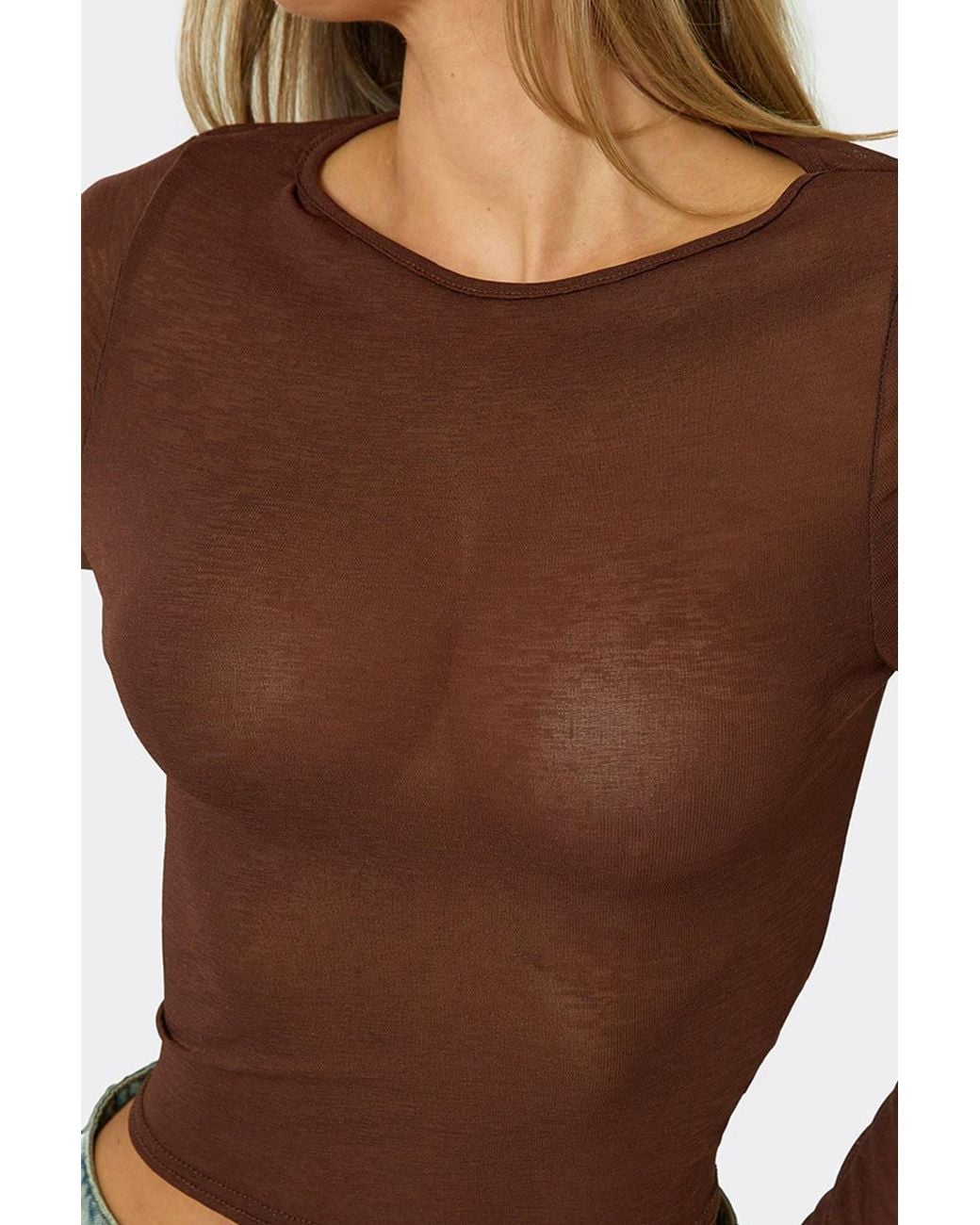 EGO Brown Long Sleeve Round Neck Sheer Sheer Top