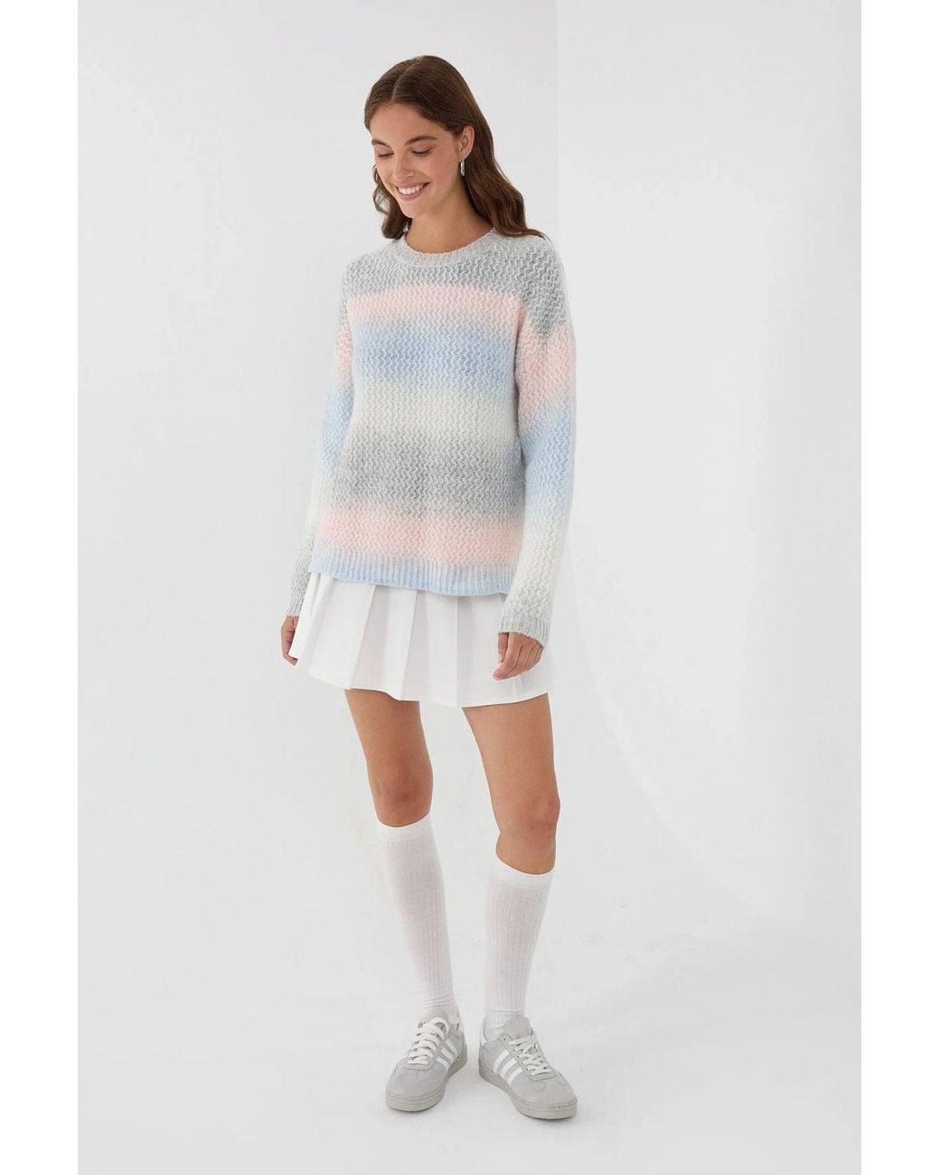Hiccup White Striped Crew Neck Textured Knit Sweater