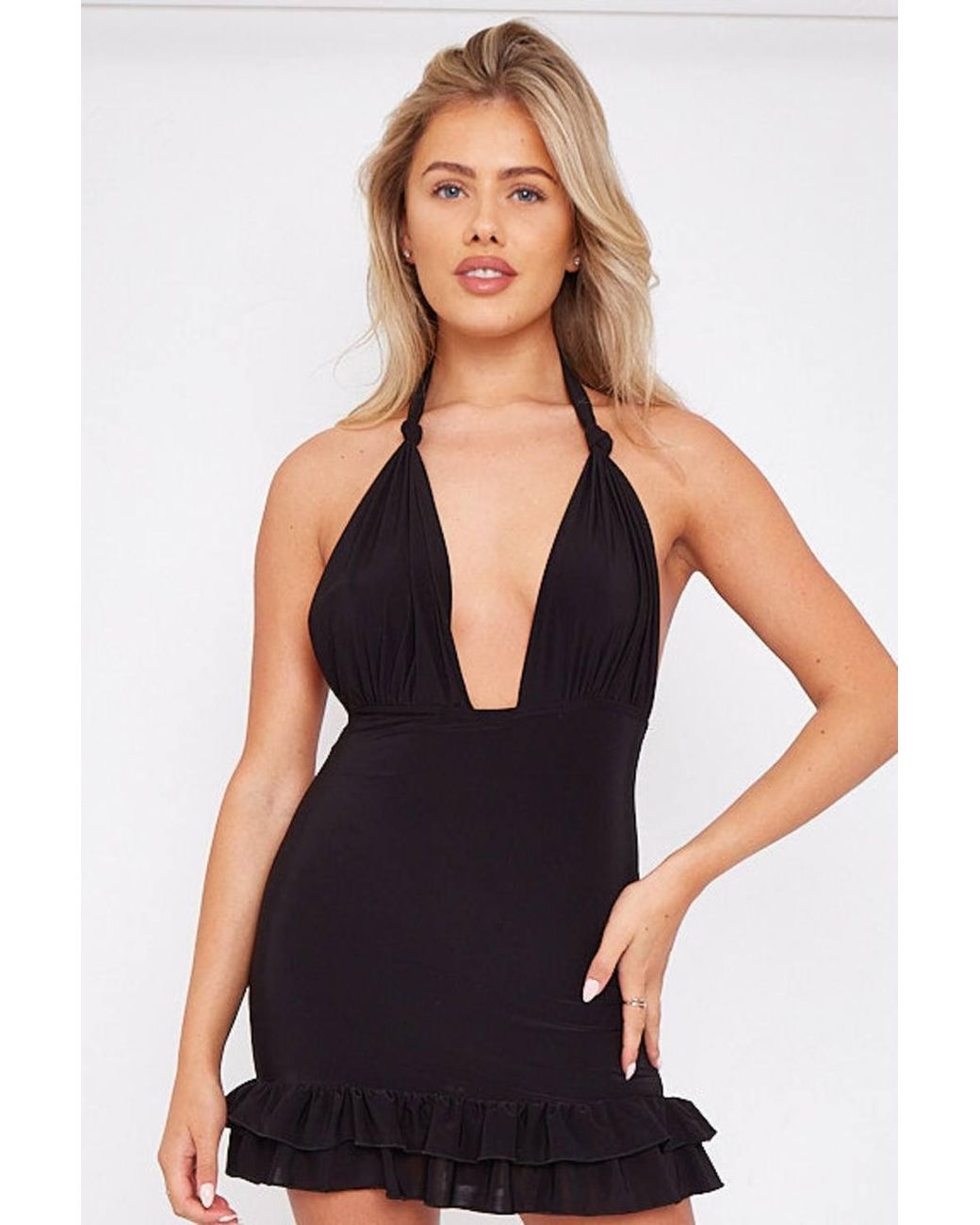 Stylewise Black Twisted Halter Frill Hem Dress