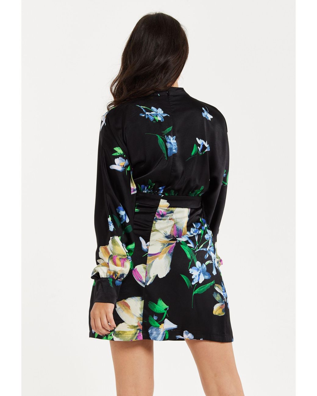 Liquorish Black Elegant Floral Print Mini Wrap Dress With Cut Out Detail