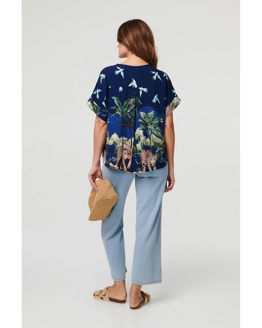 Izabel London Blue Tropical Print Short Sleeve Relaxed Top