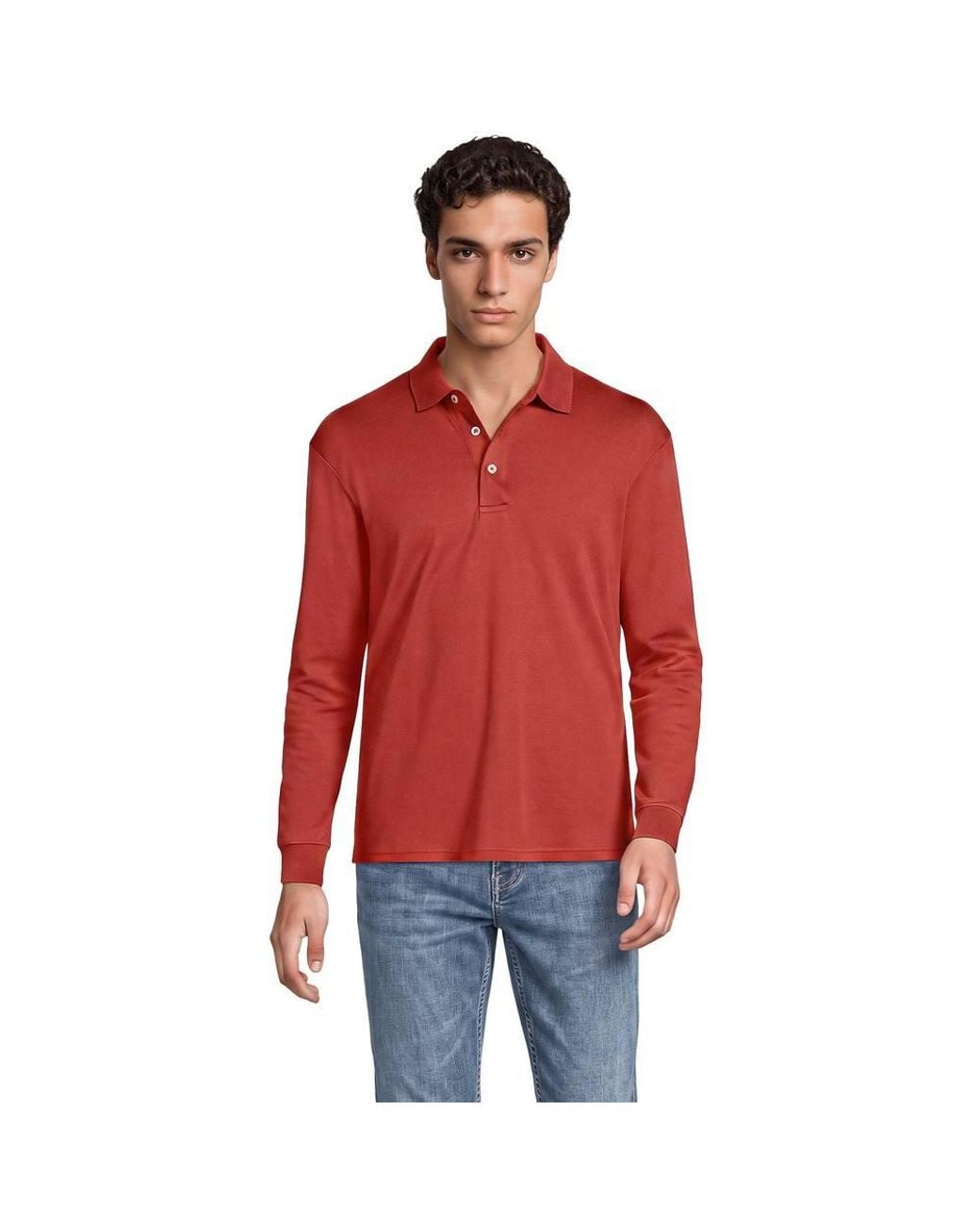 Lands' End Red Long Sleeve Supima Polo Shirt, Traditional Fit for men