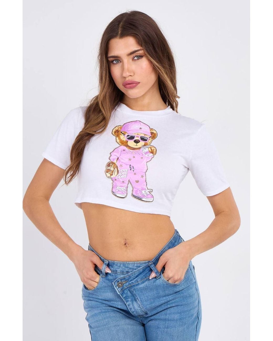 Stylewise White Teddy Graphic Glitter Detail Crew Neck Crop Top