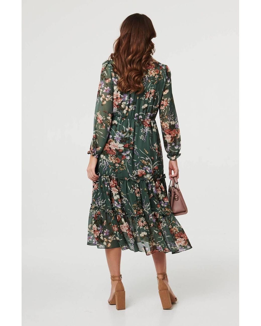 Izabel London Green Floral Tiered Long Sleeve Midi Dress