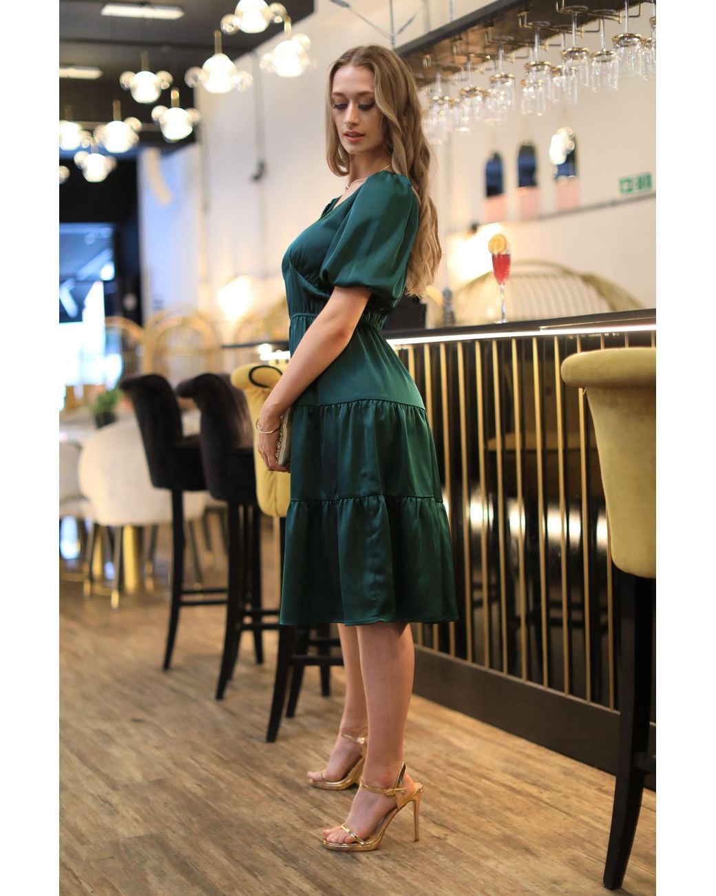 Double Second Black Satin Puff Sleeve V-Neck Tiered Dress