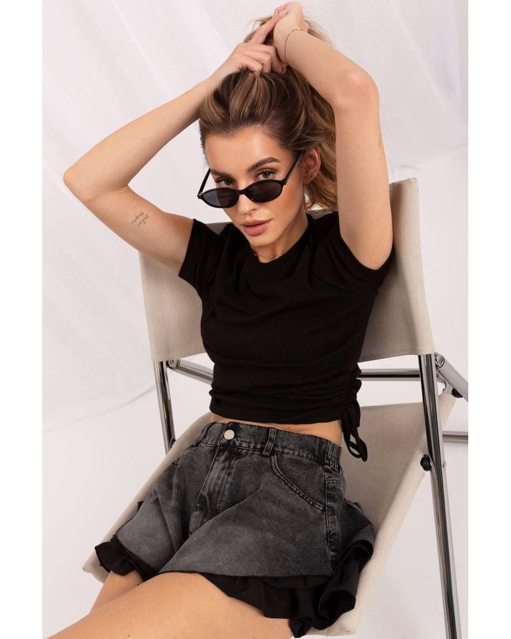 Love Lace Black Ribbed Pleated Short Sleeve Plain T-Shirt