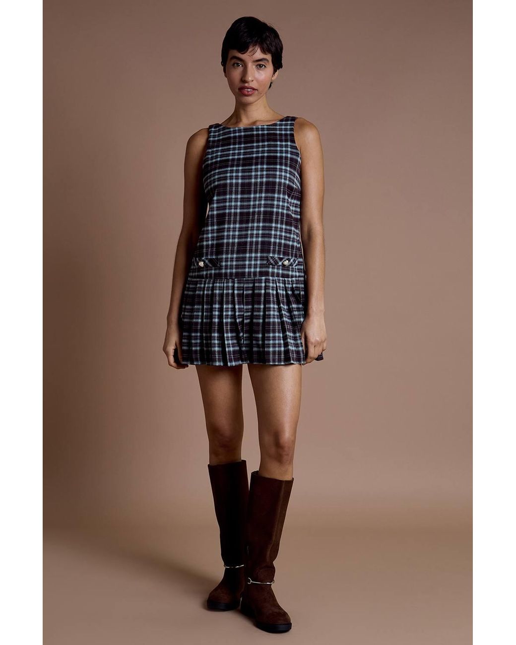 Neon Rose Blue Tartan Check Pleated Mini Pinafore Dress
