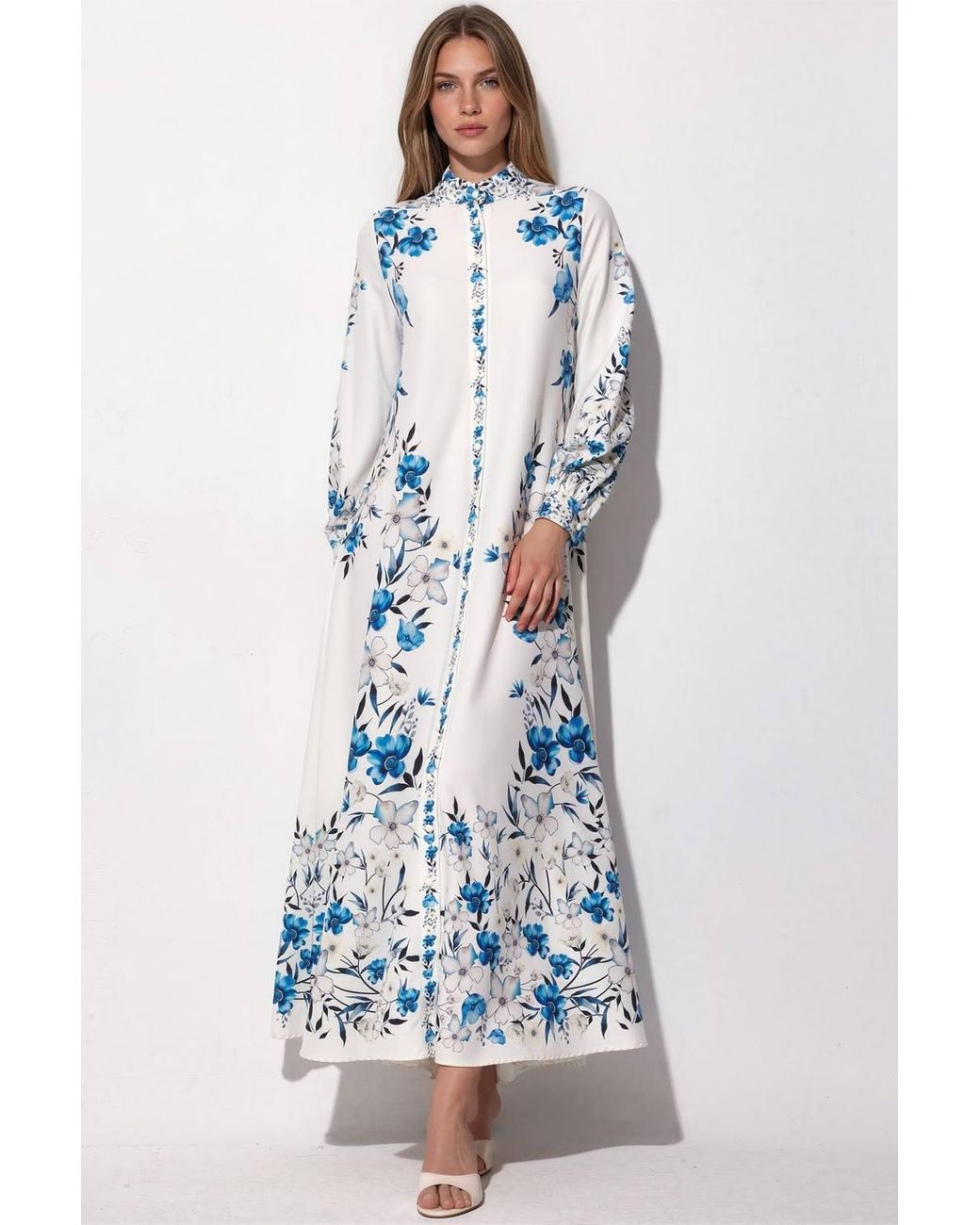 Msn-Collection Blue Floral Belted Maxi Shirt Dress