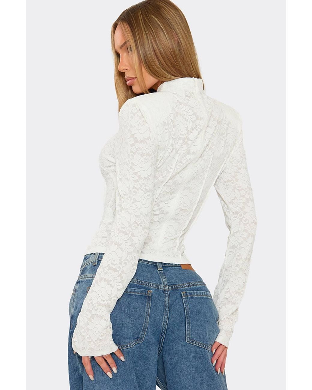 EGO White Long Sleeve High Neck Lace Top