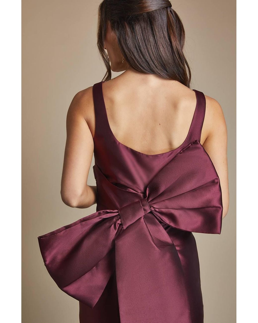 Coast Brown Twill Sleeveless Column Bridesmaid Dress With Statement Bow Back