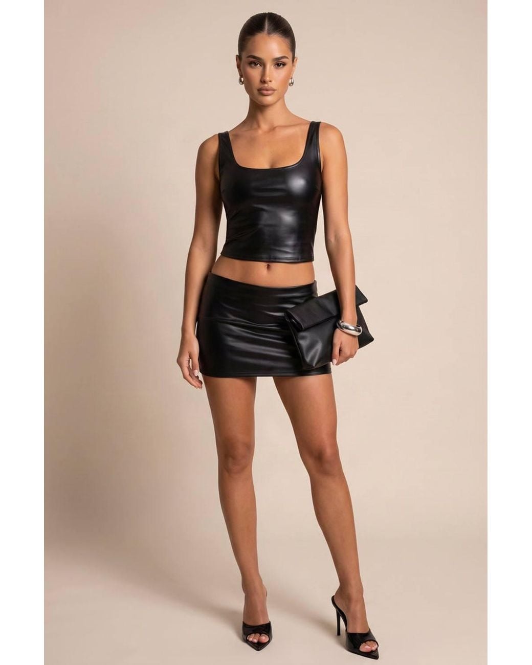 Rebellious Fashion Black Darian Faux Leather Vest Top & Mini Skirt Co-Ord Set