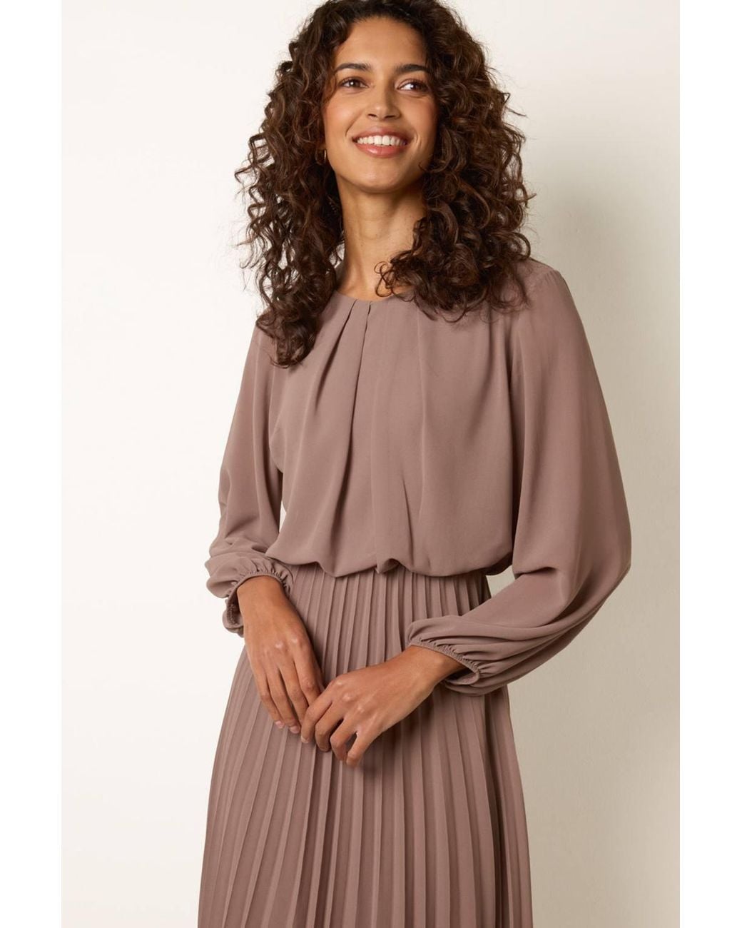 Blue Vanilla Natural Elasticated Waist Long Sleeve Round Neck Midi Dress