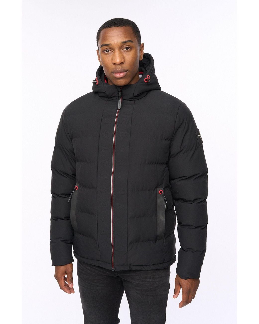 Crosshatch Black Kampnew Hooded Quilted Puffer Jacket With Embossed Detail for men