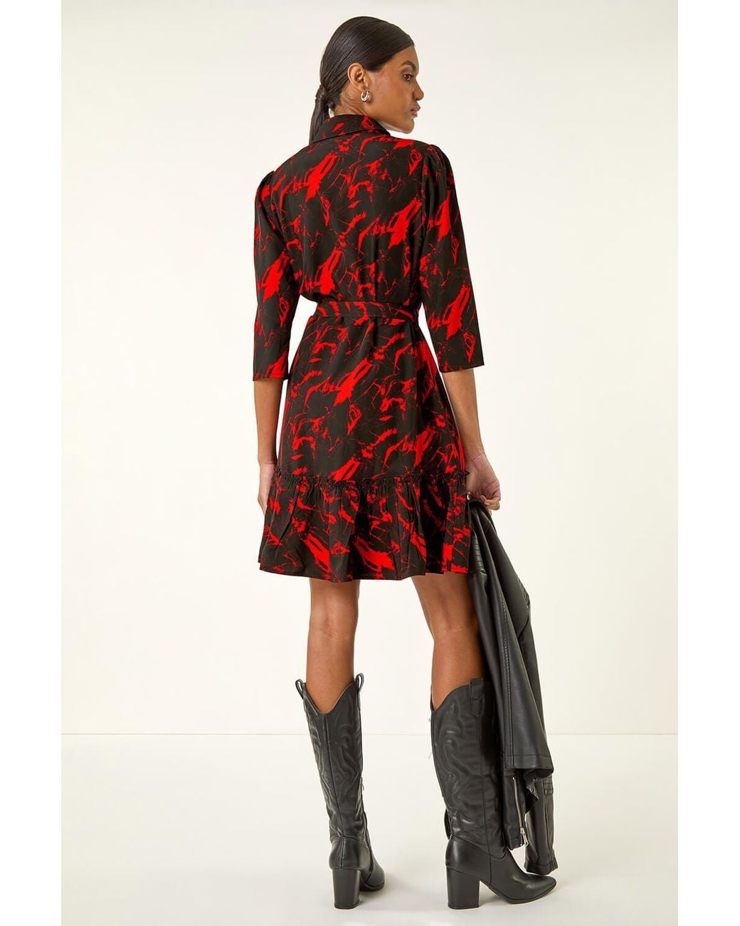 Roman Red Abstract Print Tie Waist Shirt Dress
