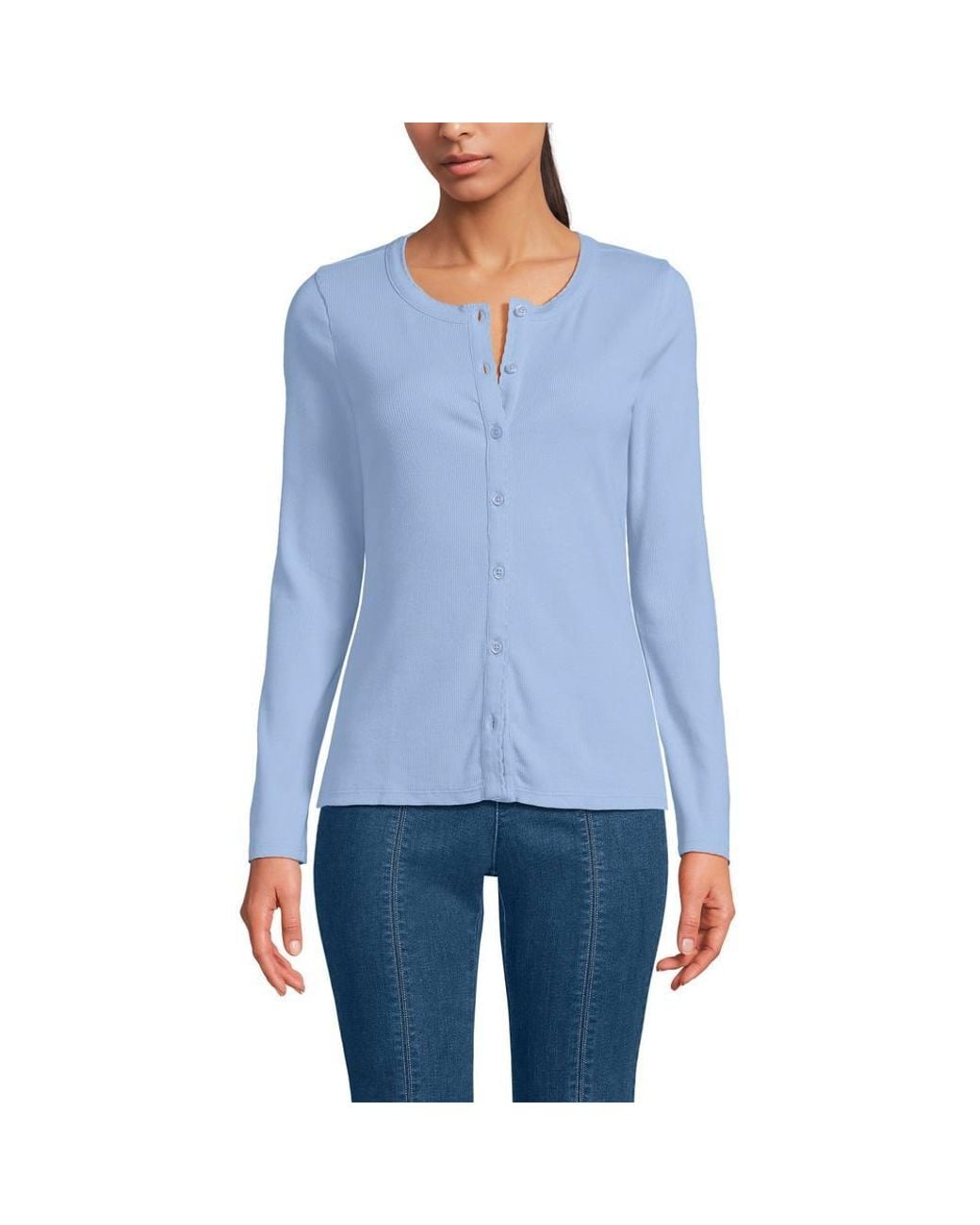 Lands' End Blue Long Sleeve Micro Rib Buttonfront Top