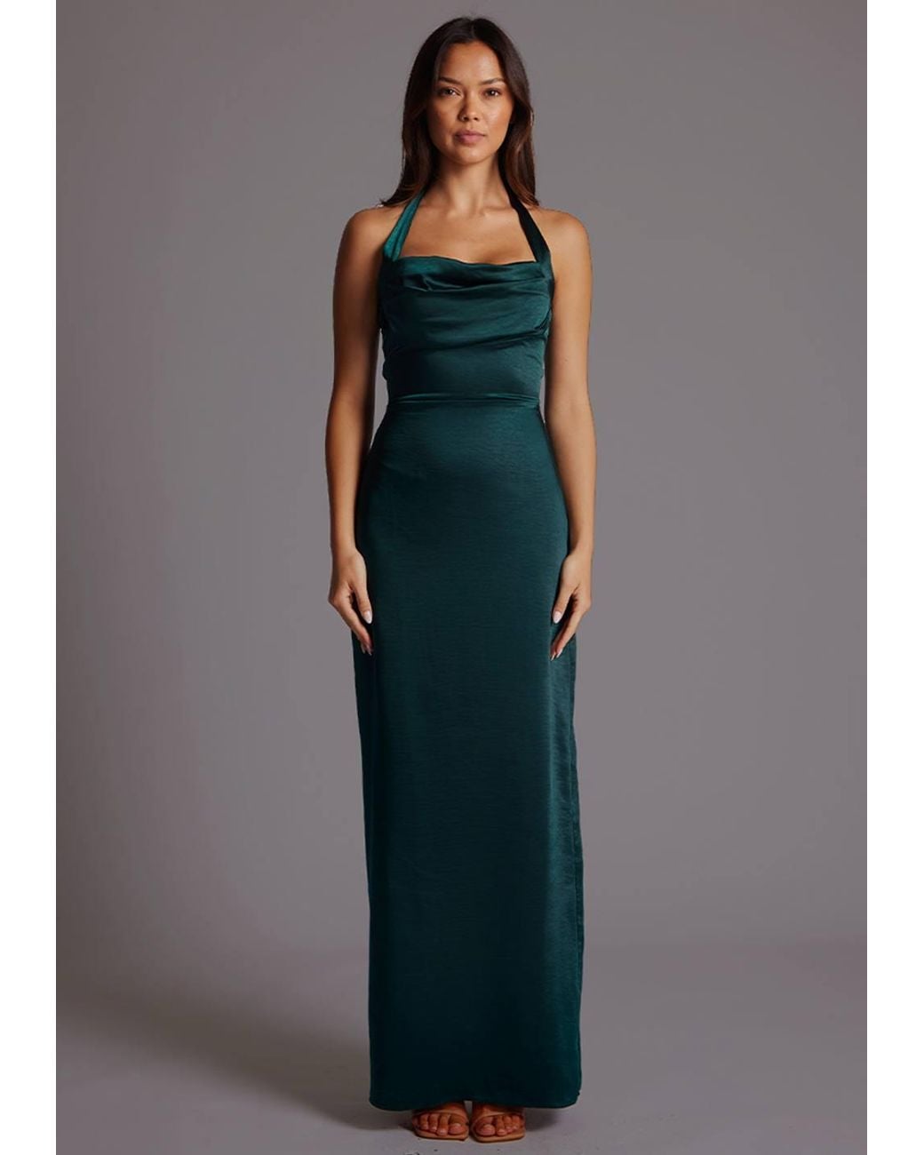 Vesper Blue Draped Bust Satin Halterneck Maxi Dress