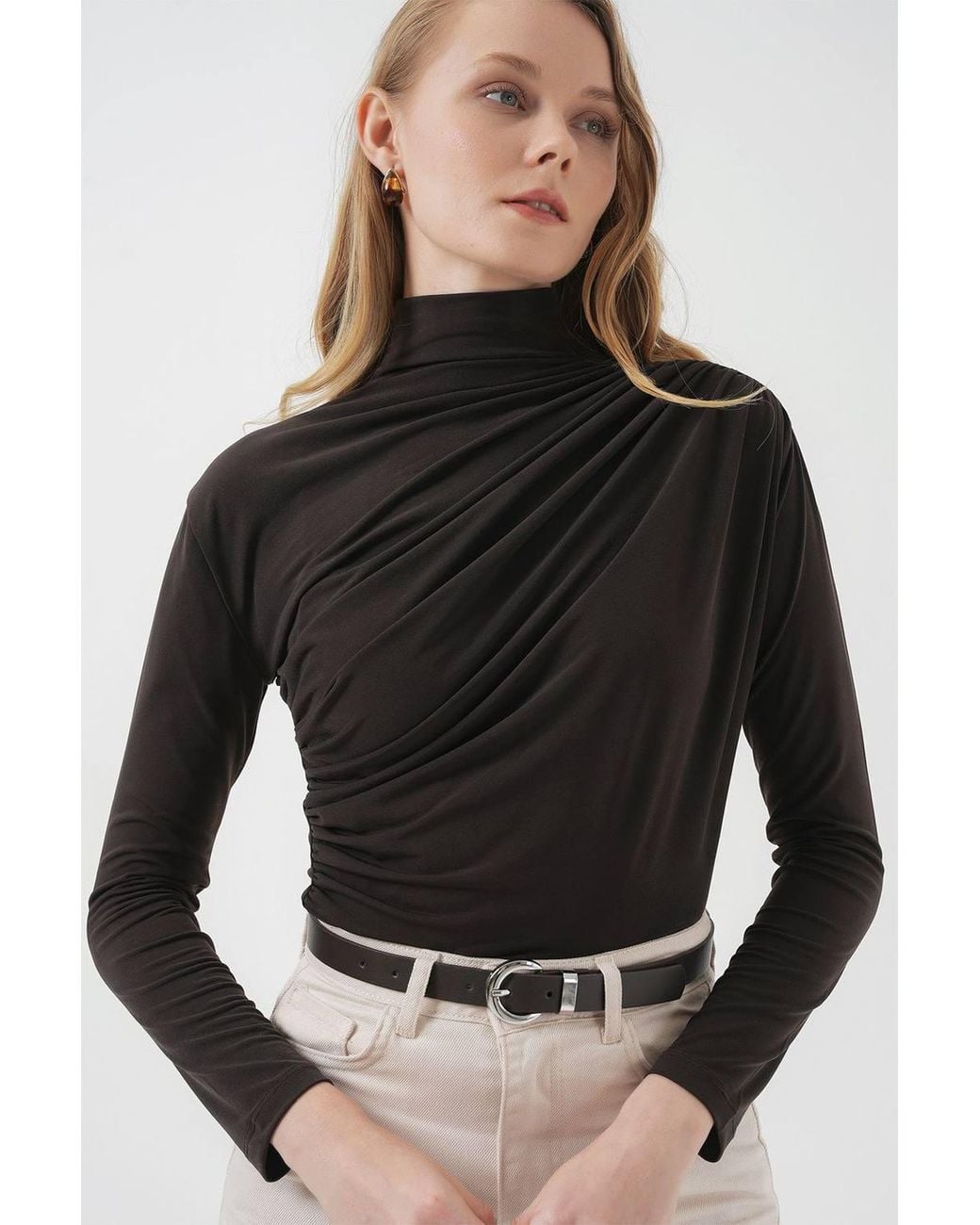 Bigdart Black Fitted Turtleneck Blouse With Drape Detail