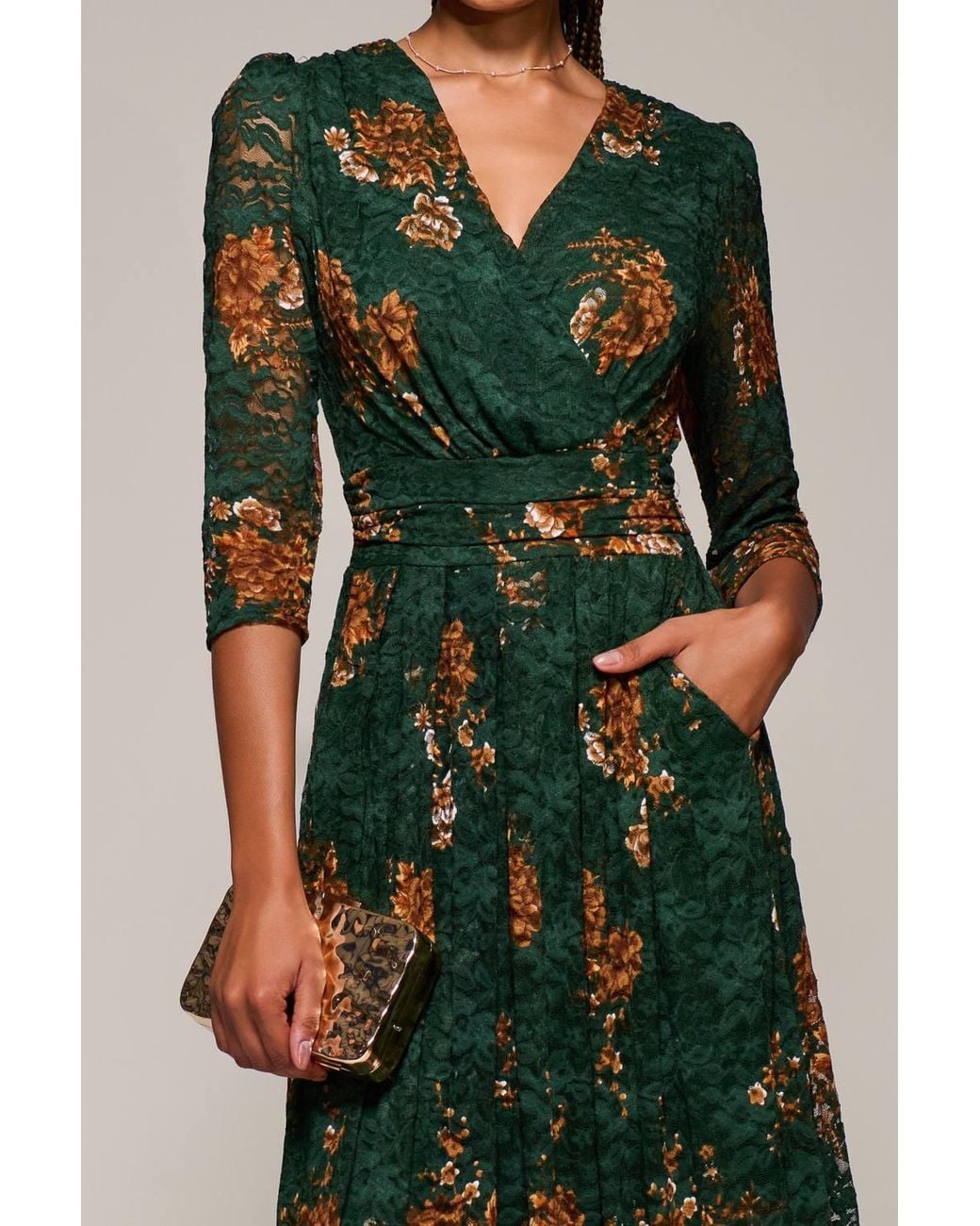 Jolie Moi Green Three Quarter Sleeve Printed Lace Maxi Dress