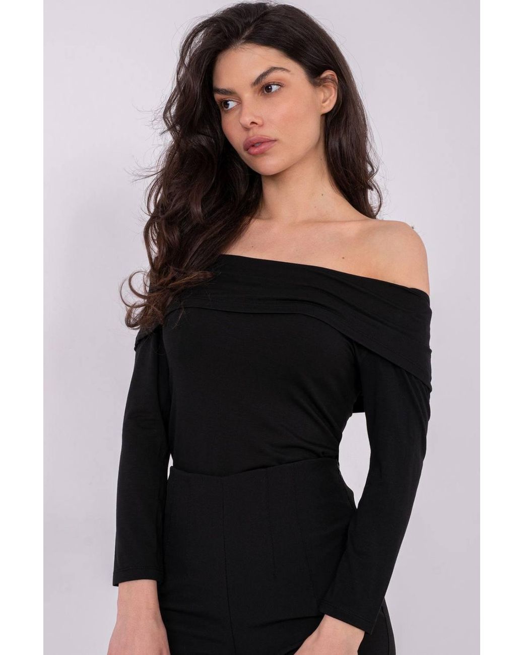 Love Lace Black Fitted Off-Shoulder Viscose Long Sleeve Blouse