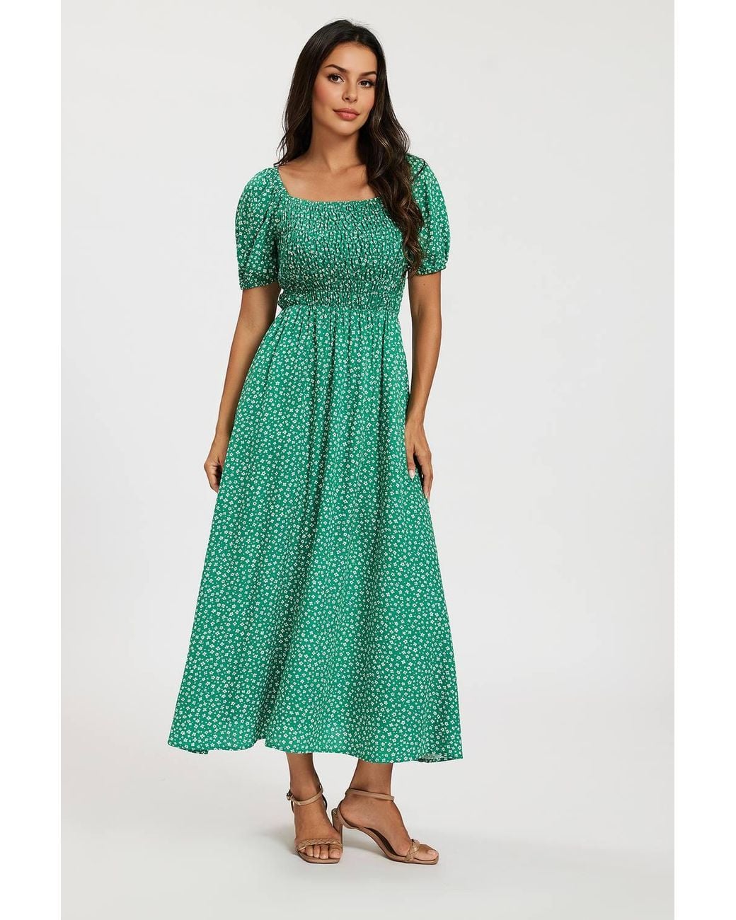 FS Collection Green Floral Shirred Square Neck Midi Dress With Puff Sleeves