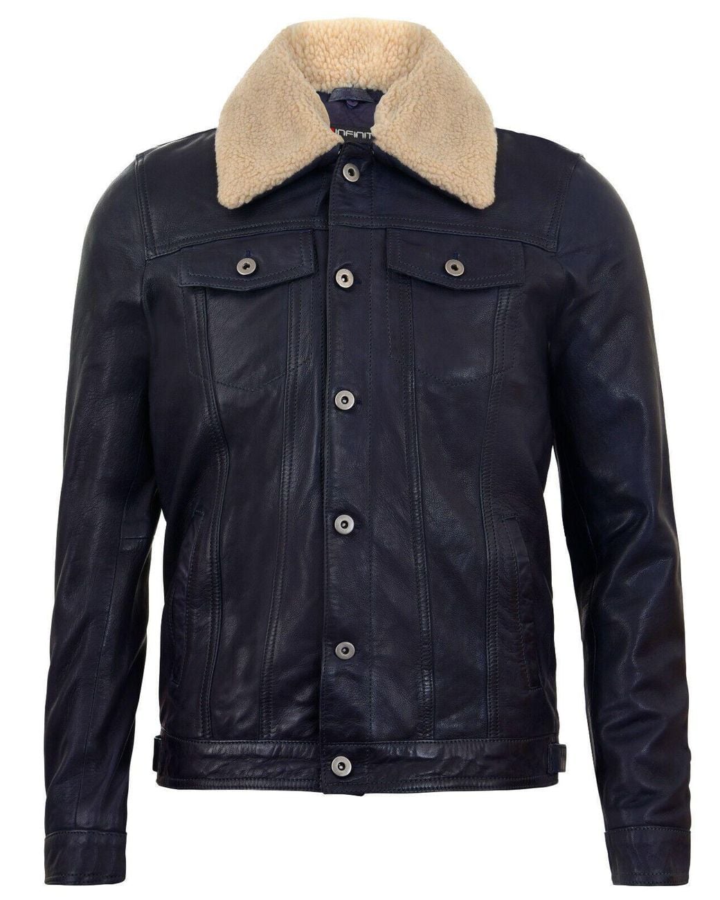 Infinity Leather Blue Removable Collar Leather Trucker Jacket-Zagreb for men