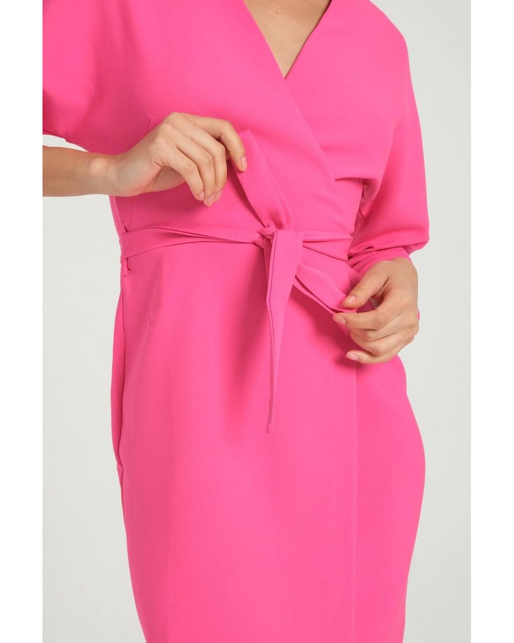 Hiccup Pink V Neck Long Sleeve Mini Wrap Dress With A Belt Detail
