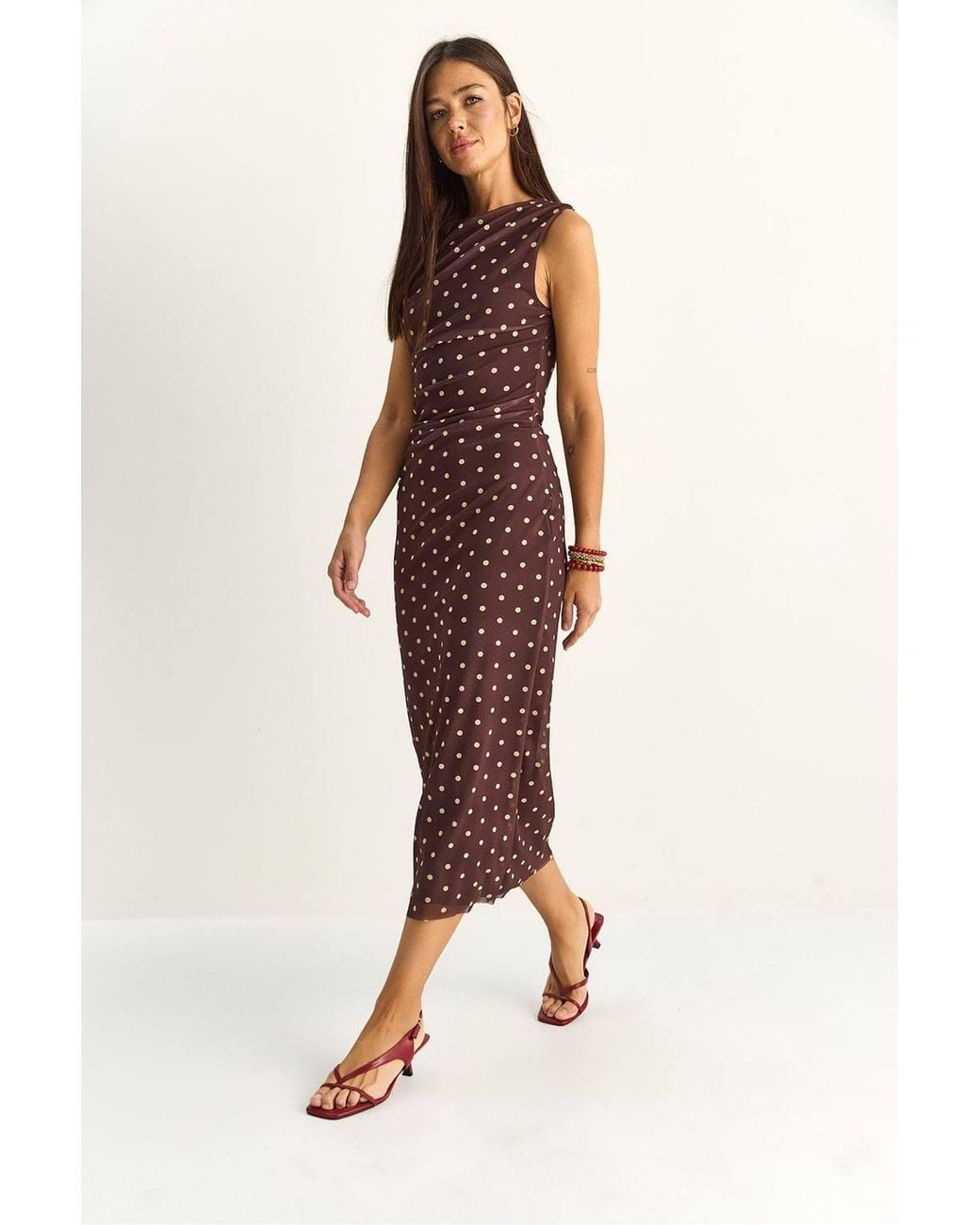 Bianco Lucci Brown Polka Dot Bodycon Midi Dress