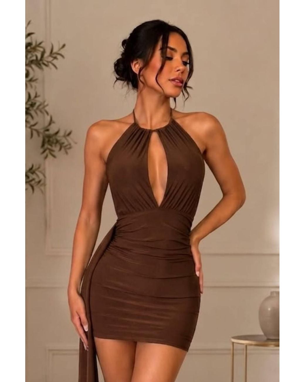 Stylewise Brown Ruched Halter Neck