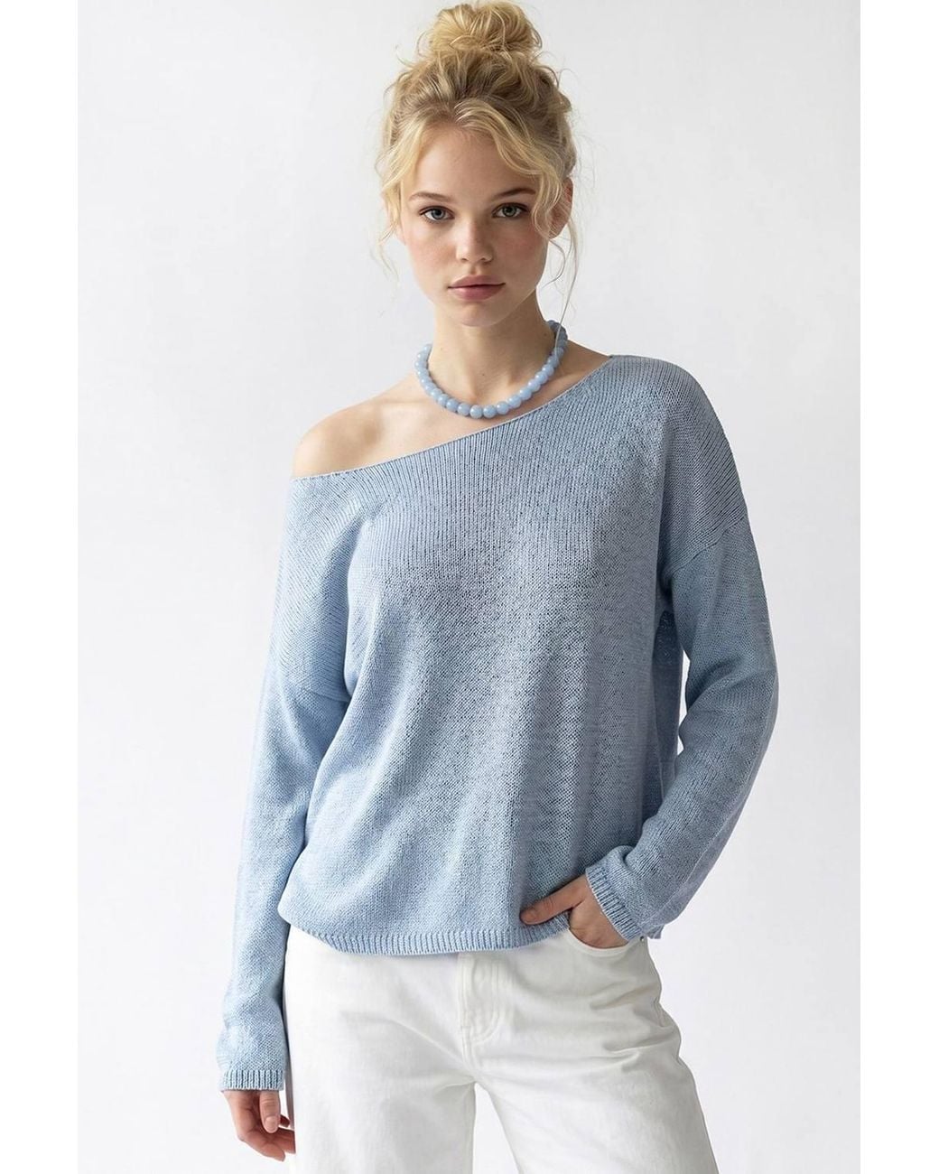 MixRay Blue Oversized Boat Neck Knit Sweater