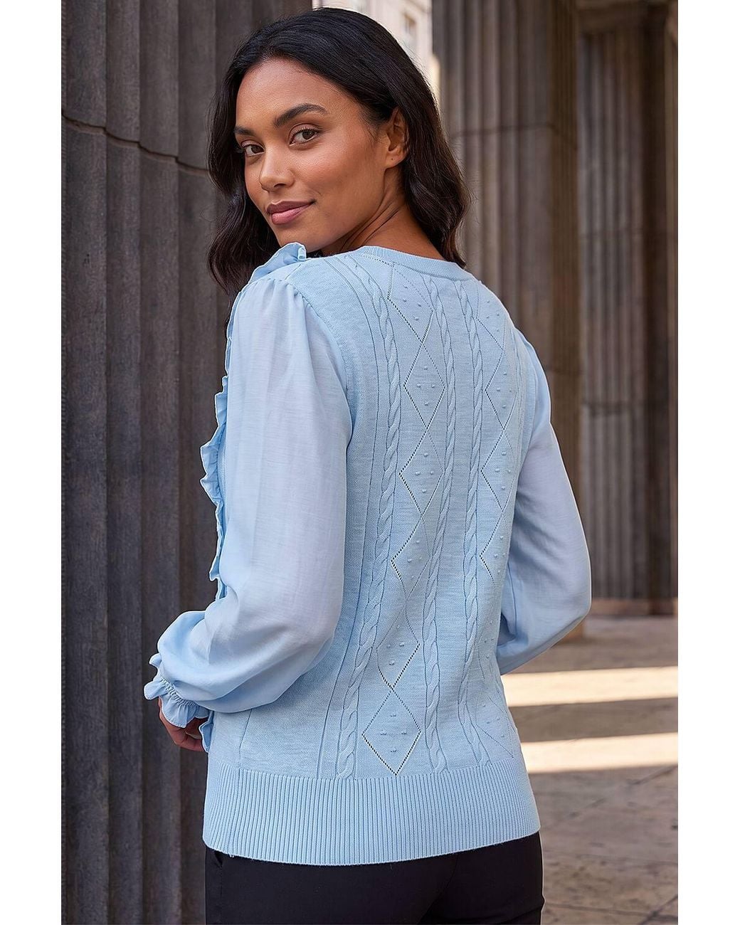 Roman White Woven Sleeve Buttoned Knit Jumper