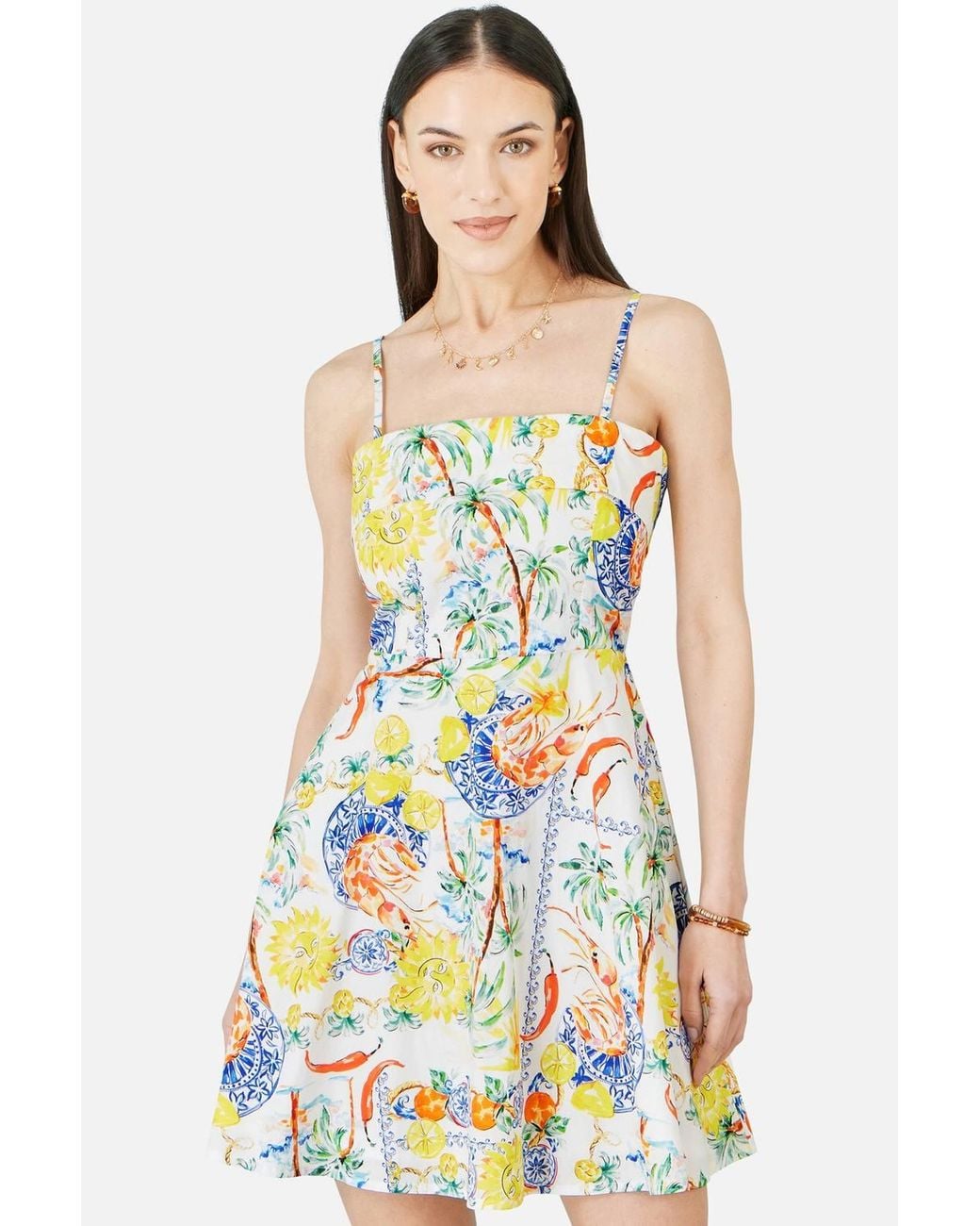 Yumi' White Mediterranean Print Cotton Mini Sun Dress