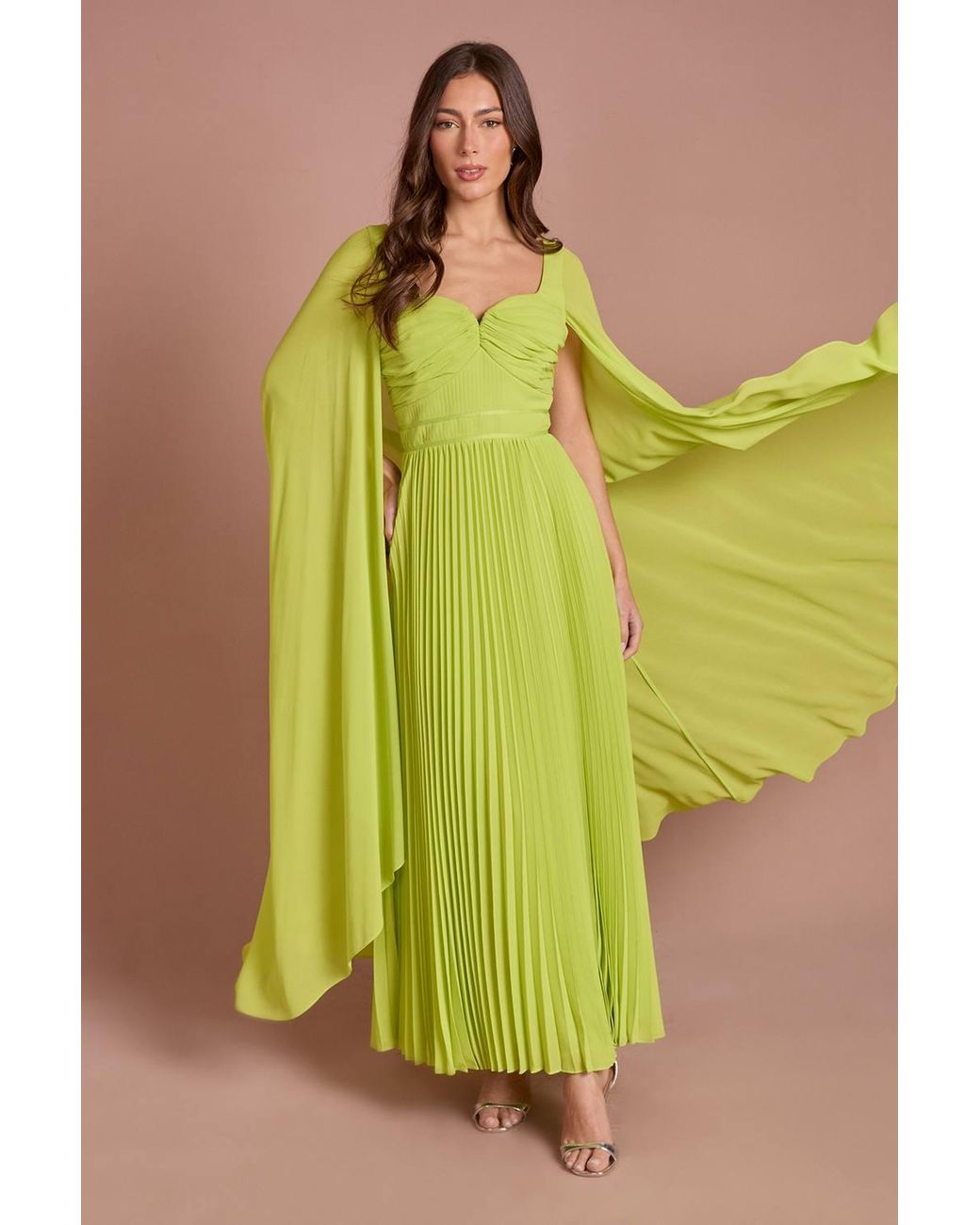 Coast Green Cape Sleeve Sweetheart Neckline Pleated Maxi Dress