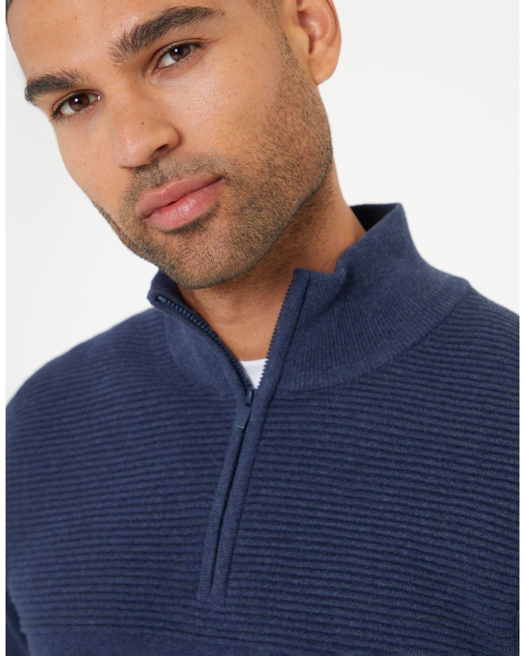 Threadbare Blue Rib Detail Knitted Quarter Zip Jumper for men