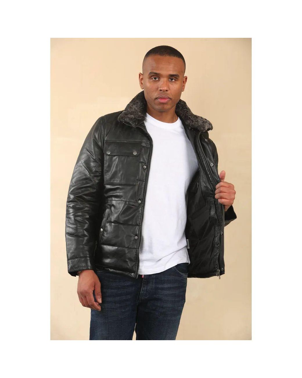 TruClothing Black Quilted Faux Fur Collar Leather Jacket for men