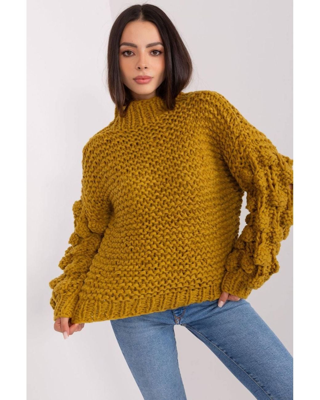 Love Lace Yellow Soft Polyester Puff Sleeve Round Neck Sweater Style 186593