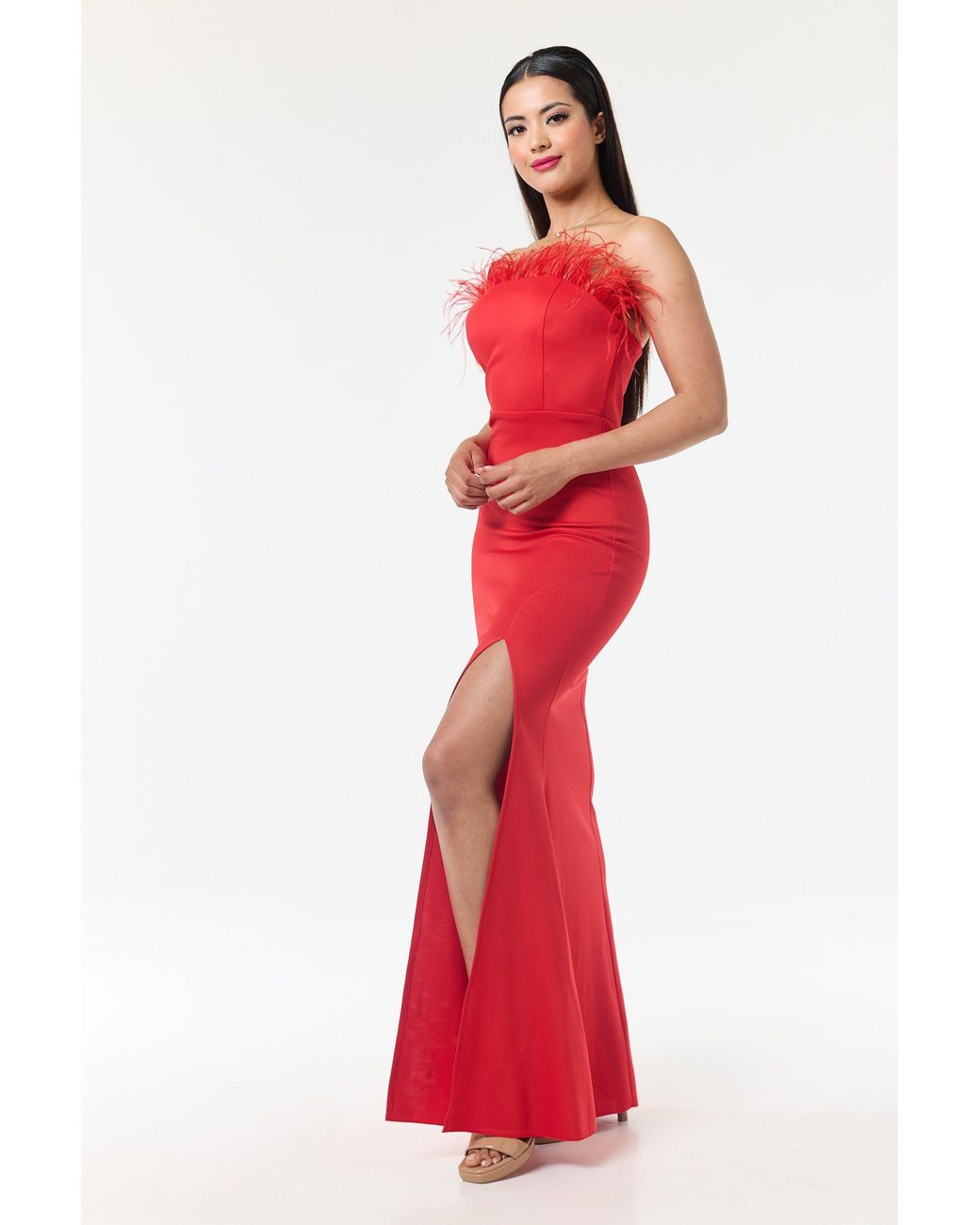 LuvForever Fashion Red Bandeau Side Slit Maxi Dress